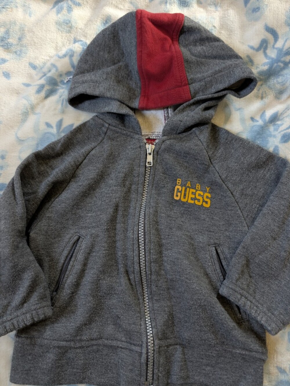 Guess Baby Gray Zip Hoodie with Red Hood Stripe and Yellow Logo